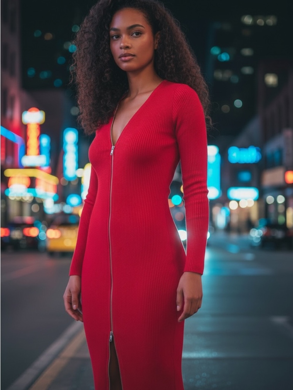 DKNY Red Ribbed Zip-Front Long Sleeve Dress
